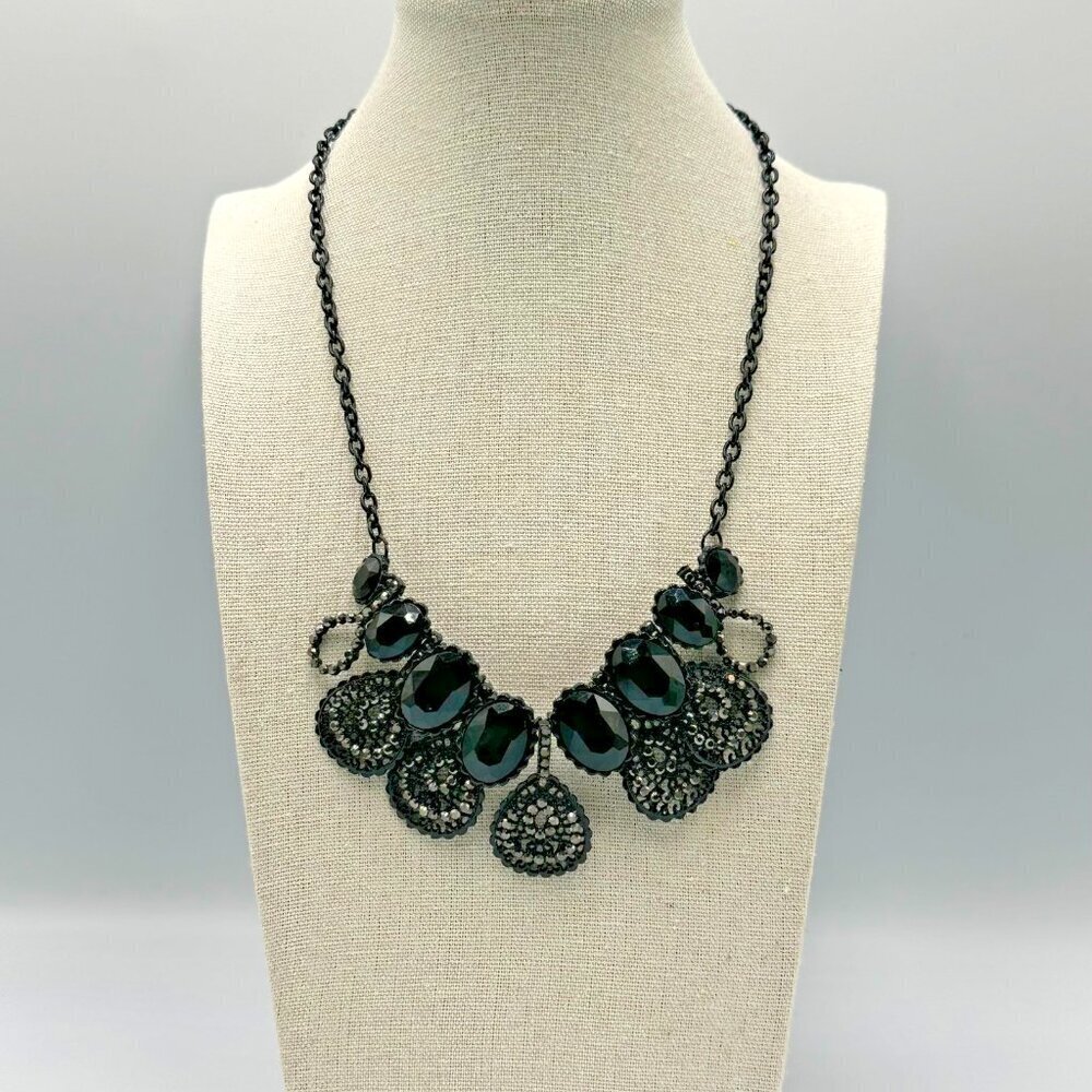 3/$30 Black Statement Necklace Faceted Beads Sequin Disc Bib Chain Bold Evening